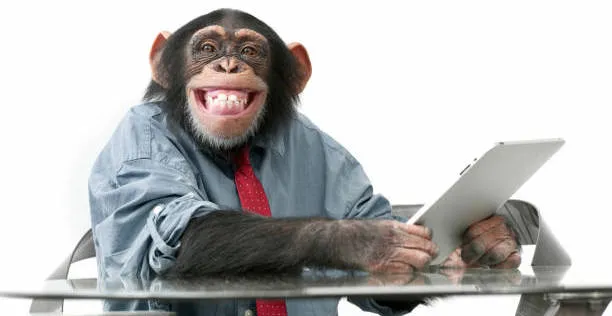 Smiling chimpanzee holding a tablet